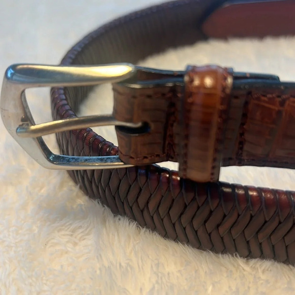 Vintage Brown Belt Sz 34 Fishtail Braided Fullgrain Leather Reptile Brass Buckle - Picture 2 of 16